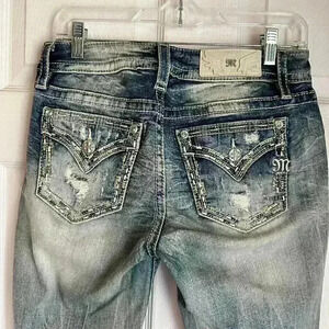 MISS ME Signature Denim Jeans Womens Size 27 Distressed Bling Blue Ankle Skinny